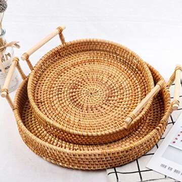 Rattan Round Serving Tray, 2 Size Hand-Woven Rattan Tray Serving Tray with Handles, Wicker Tray Bask...