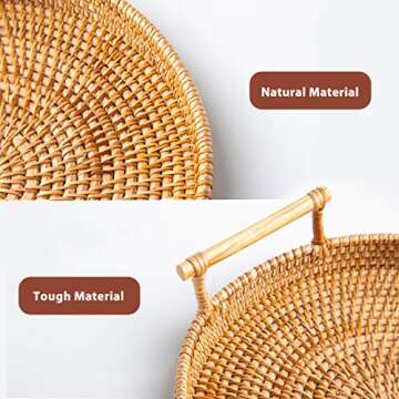 Rattan Round Serving Tray, 2 Size Hand-Woven Rattan Tray Serving Tray with Handles, Wicker Tray Basket Tray for Bread Fruit Food Coffee Breakfast Display