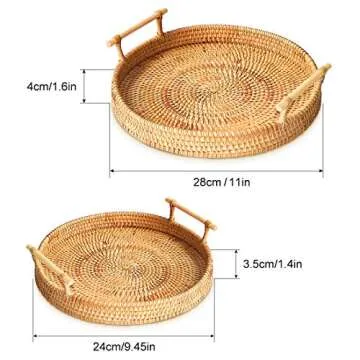 Rattan Round Serving Tray, 2 Size Hand-Woven Rattan Tray Serving Tray with Handles, Wicker Tray Basket Tray for Bread Fruit Food Coffee Breakfast Display