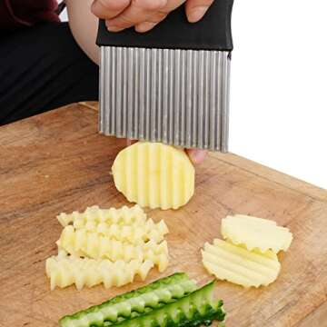 HTBMALL Crinkle Cutter, Wavy Chopper Knife, Upgraded Stainless Steel Crinkle Blade, Safe Kitchen Tools with a shell Wavy Slicer for Fruit, Vegetable, Salad, Carrot, Potato, Fries(Black)