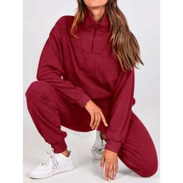 BTFBM Women's 2 Piece Tracksuit Fall Outfits 2025 Long Sleeve Half Zip Sweatshirt Sweatpants Lounge Set Sweatsuits(Solid Wine Red,Small)