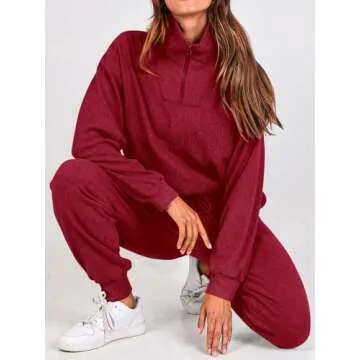 BTFBM Women's 2 Piece Tracksuit Fall Outfits 2025 Long Sleeve Half Zip Sweatshirt Sweatpants Lounge Set Sweatsuits(Solid Wine Red,Small)