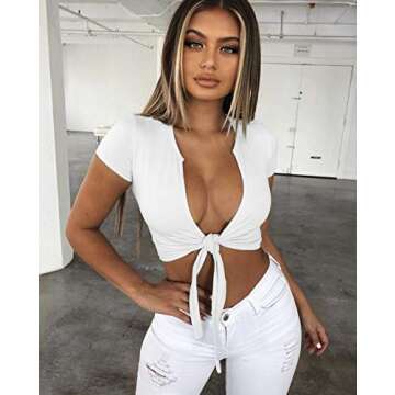 SINRGAN Women's Sexy Tie Up Crop Top Short Sleeve Deep V Neck Casual Basic T Shirt White