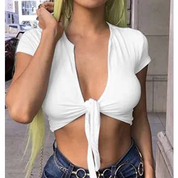 SINRGAN Women's Sexy Tie Up Crop Top Short Sleeve Deep V Neck Casual Basic T Shirt White