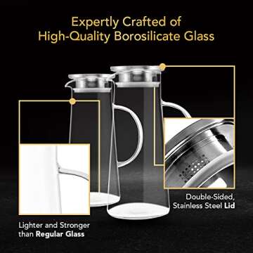 Richro Glass Pitcher With Lid and Spout Set of 2 - Heat Resistant Glass Carafe Pitcher With Stainless Steel Lid 50 oz Good For Coffee Juice Beverage Pitcher For Juice and Iced Tea Pitcher Water Carafe