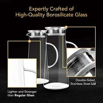Richro Glass Pitcher With Lid and Spout Set of 2 - Heat Resistant Glass Carafe Pitcher With Stainless Steel Lid 50 oz Good For Coffee Juice Beverage Pitcher For Juice and Iced Tea Pitcher Water Carafe
