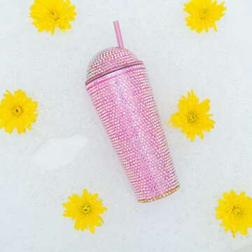 Black Sheep Bling Cup Pink Iridescent | Glitter Water Bottle| Handmade Rhinestones Tumbler| Sparkly Bottle Cup| 22 oz Double Wall Bling Plastic Tumbler with Lid and Straw| Studded Tumbler Party Cup