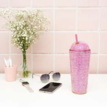 Black Sheep Bling Cup Pink Iridescent | Glitter Water Bottle| Handmade Rhinestones Tumbler| Sparkly Bottle Cup| 22 oz Double Wall Bling Plastic Tumbler with Lid and Straw| Studded Tumbler Party Cup