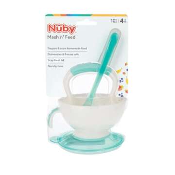Nuby Garden Fresh Mash N' Feed Bowl with Spoon and Food Masher, Colors May Vary