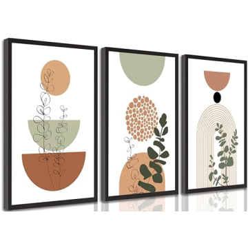 UZXTFQU 3 Picecs Boho Canvas Style Canvas Wall Art Mid Century Modern Moon Plant Wall Decor Geometri...