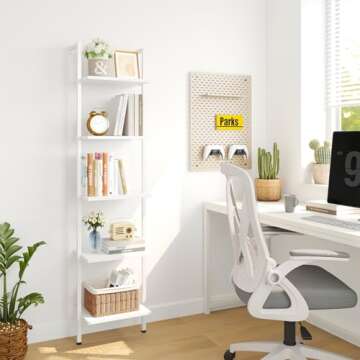 ELYKEN Ladder Shelf, White 5-Tier Wood Wall Mounted Bookshelf with Metal Frame, Modern Open Display ...