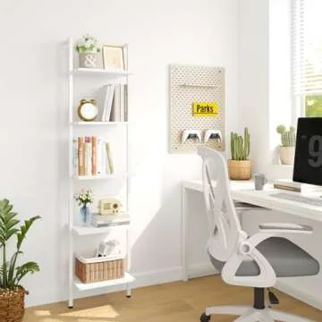 ELYKEN Ladder Shelf, White 5-Tier Wood Wall Mounted Bookshelf with Metal Frame, Modern Open Display ...