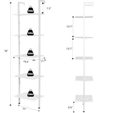 ELYKEN Ladder Shelf, White 5-Tier Wood Wall Mounted Bookshelf with Metal Frame, Modern Open Display Organizer Rack, Leaning Storage Shelves for Living Room, Bedroom, Home Office