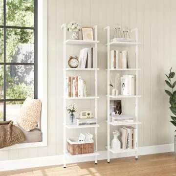 ELYKEN Ladder Shelf, White 5-Tier Wood Wall Mounted Bookshelf with Metal Frame, Modern Open Display Organizer Rack, Leaning Storage Shelves for Living Room, Bedroom, Home Office