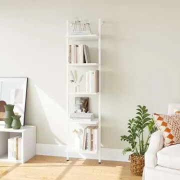 ELYKEN Ladder Shelf, White 5-Tier Wood Wall Mounted Bookshelf with Metal Frame, Modern Open Display Organizer Rack, Leaning Storage Shelves for Living Room, Bedroom, Home Office