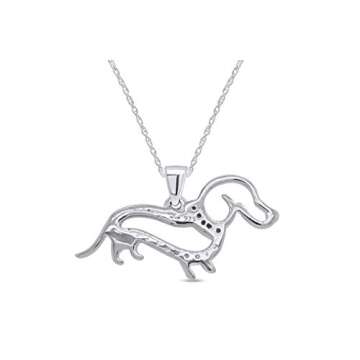 AFFY White & Black Natural Diamond Dachshund Dog Pendant Necklace in 14k White Gold Over Sterling Silver (0.25 Ct)