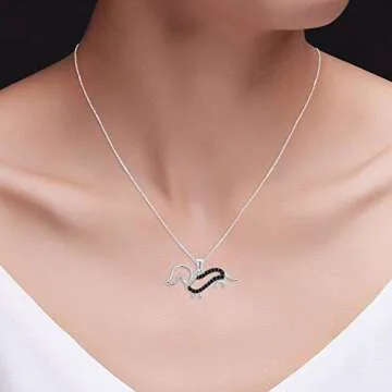 AFFY White & Black Natural Diamond Dachshund Dog Pendant Necklace in 14k White Gold Over Sterling Silver (0.25 Ct)