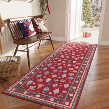 Rugcomf Christmas Runner Rug Washable Christmas Kitchen Rugs 2'6''x8'Runner Rug Thin Non-Slip for Entryway Indoor Red Holiday Rug Runner for Hallways, Laundry, Bedroom, Bathroom(Xmas Snowflake Red)