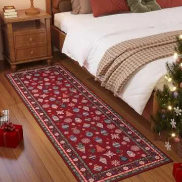 Rugcomf Christmas Runner Rug Washable Christmas Kitchen Rugs 2'6''x8'Runner Rug Thin Non-Slip for Entryway Indoor Red Holiday Rug Runner for Hallways, Laundry, Bedroom, Bathroom(Xmas Snowflake Red)