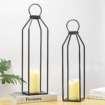 Perfnique Modern Farmhouse Lantern Decor, 19.7'' 22'' Set of 2 Black Metal Lanterns, 2 LED 6hr Timer Flickering Flameless Candles, Lanterns Decorative for Porch, Patio, Fireplace Mantle, Christmas