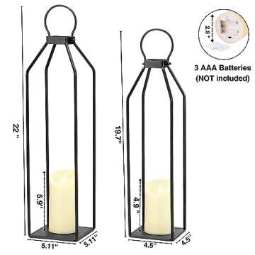 Perfnique Modern Farmhouse Lantern Decor, 19.7'' 22'' Set of 2 Black Metal Lanterns, 2 LED 6hr Timer Flickering Flameless Candles, Lanterns Decorative for Porch, Patio, Fireplace Mantle, Christmas