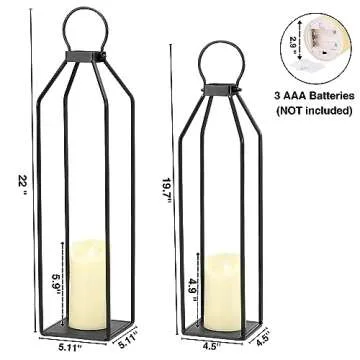 Perfnique Modern Farmhouse Lantern Decor, 19.7'' 22'' Set of 2 Black Metal Lanterns, 2 LED 6hr Timer Flickering Flameless Candles, Lanterns Decorative for Porch, Patio, Fireplace Mantle, Christmas