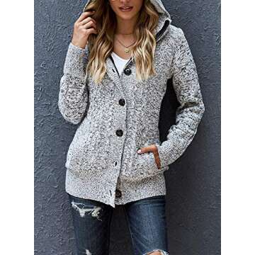 Sidefeel Women's Cardigan Hooded Fleece Lined Jackets Winter Cable Knit Sweater Coat Medium Grey