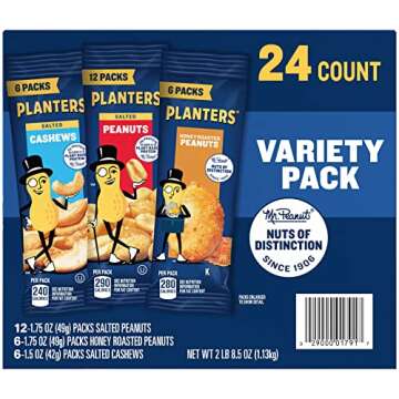 PLANTERS Peanuts & Cashews Variety Pack, 40.5 oz, Includes 6 packages Honey Roasted Peanuts (1.75 oz each), 12 packages Salted Peanuts (1.75 oz each), and 6 packages Salted Cashews (1.5 oz each)