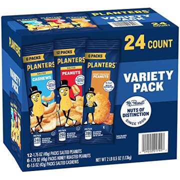 PLANTERS Peanuts & Cashews Variety Pack, 40.5 oz, Includes 6 packages Honey Roasted Peanuts (1.75 oz each), 12 packages Salted Peanuts (1.75 oz each), and 6 packages Salted Cashews (1.5 oz each)