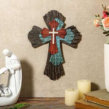 Blulu Cross Wall Decor Hanging Wooden Decorative Wall Cross Rustic Catholic Crucifix Spiritual Art S...