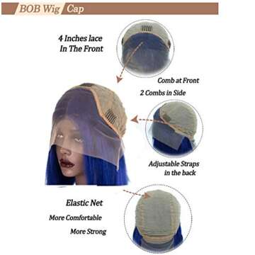 Smartinnov Blue Bob Wig with 180% Density for Women