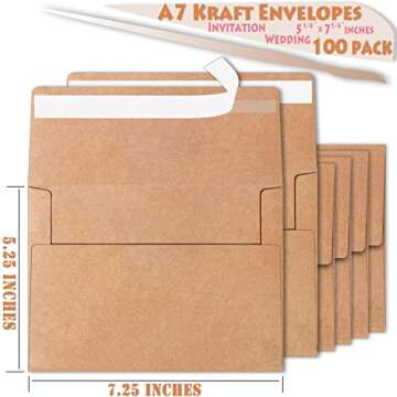 ASSTAONO-Kraft Envelopes,100 Pack 5x7 Invitation Envelopes,A7 Envelopes,Brown Envelopes for 5x7 Cards,Weddings,Birthday,Graduation,Office,Baby shower,self seal quickly,5.25x7.25 Inches