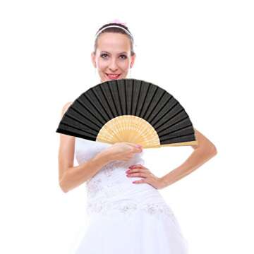 Bememo Hand Held Fans Silk Bamboo Folding Fans Handheld Folded Fan for Church Wedding Gift, Party Favors, DIY Decoration (12 Pack, Black)