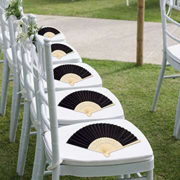 Bememo Hand Held Fans Silk Bamboo Folding Fans Handheld Folded Fan for Church Wedding Gift, Party Favors, DIY Decoration (12 Pack, Black)