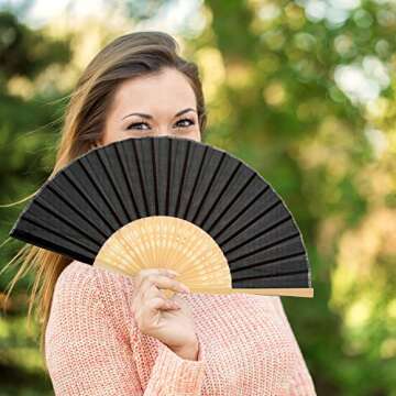 Bememo Hand Held Fans Silk Bamboo Folding Fans Handheld Folded Fan for Church Wedding Gift, Party Favors, DIY Decoration (12 Pack, Black)