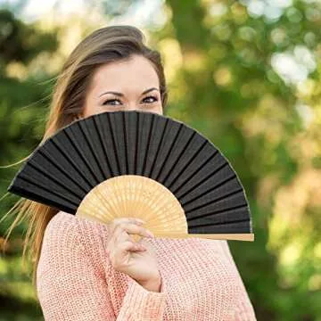 Bememo Hand Held Fans Silk Bamboo Folding Fans Handheld Folded Fan for Church Wedding Gift, Party Favors, DIY Decoration (12 Pack, Black)