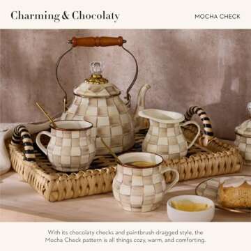 MACKENZIE-CHILDS Enamel Creamer, Creamer Dispenser with Pour Spout, Kitchen Enamelware, 14-Ounce Capacity, Brown-and-White Mocha Check