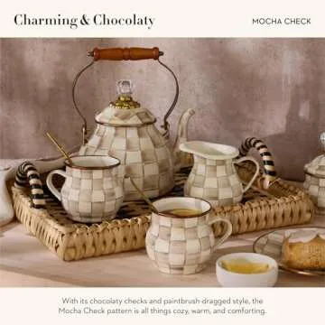 MACKENZIE-CHILDS Enamel Creamer, Creamer Dispenser with Pour Spout, Kitchen Enamelware, 14-Ounce Capacity, Brown-and-White Mocha Check