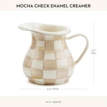 MACKENZIE-CHILDS Enamel Creamer, Creamer Dispenser with Pour Spout, Kitchen Enamelware, 14-Ounce Capacity, Brown-and-White Mocha Check