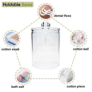 Qihomy 10-Ounce Qtip Holder Dispenser for Cotton Balls, Cotton Swabs, Cotton round pads, Clear Plastic Apothecary Jar Set for Bathroom Canister Storage Organization, Dresser Organizer (2 Pack)