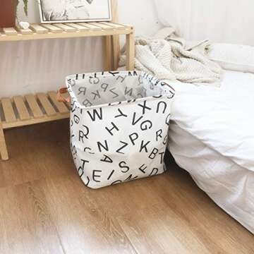 Hibedding Square Canvas Toy Storage Bins Basket with Leather Handle, Canvas Collapsible Toy Organize...