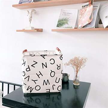 Hibedding Square Canvas Toy Storage Bins Basket with Leather Handle, Canvas Collapsible Toy Organizer for Gift Basket,Kid's Toy Organizer,Shelf Basket,Baby Girl Nursery (One Pack Letter)