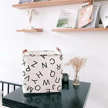 Hibedding Square Canvas Toy Storage Bins Basket with Leather Handle, Canvas Collapsible Toy Organizer for Gift Basket,Kid's Toy Organizer,Shelf Basket,Baby Girl Nursery (One Pack Letter)