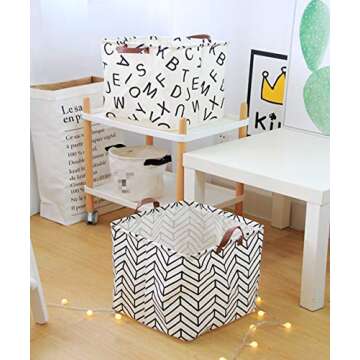Hibedding Square Canvas Toy Storage Bins Basket with Leather Handle, Canvas Collapsible Toy Organizer for Gift Basket,Kid's Toy Organizer,Shelf Basket,Baby Girl Nursery (One Pack Letter)