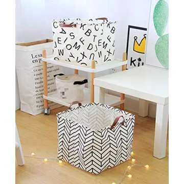 Hibedding Square Canvas Toy Storage Bins Basket with Leather Handle, Canvas Collapsible Toy Organizer for Gift Basket,Kid's Toy Organizer,Shelf Basket,Baby Girl Nursery (One Pack Letter)