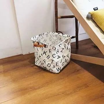 Hibedding Square Canvas Toy Storage Bins Basket with Leather Handle, Canvas Collapsible Toy Organizer for Gift Basket,Kid's Toy Organizer,Shelf Basket,Baby Girl Nursery (One Pack Letter)