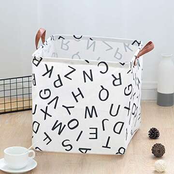 Hibedding Square Canvas Toy Storage Bins Basket with Leather Handle, Canvas Collapsible Toy Organizer for Gift Basket,Kid's Toy Organizer,Shelf Basket,Baby Girl Nursery (One Pack Letter)