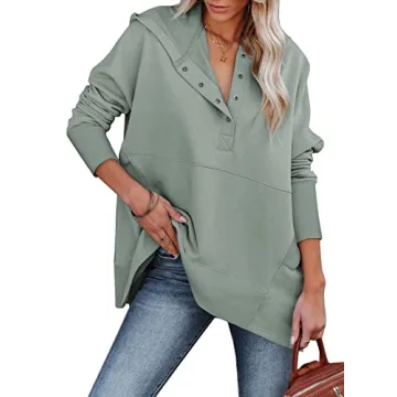 AlvaQ Womens Oversize Half Button Down Long Sleeve Sweatshirt Casual Ribbed Hoodie Pullover Tunic To...