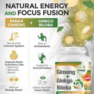 GreeNatr Ginko Biloba & Panax Ginseng Supplement - Red Ginseng Brain Supplement for Memory and Focus...