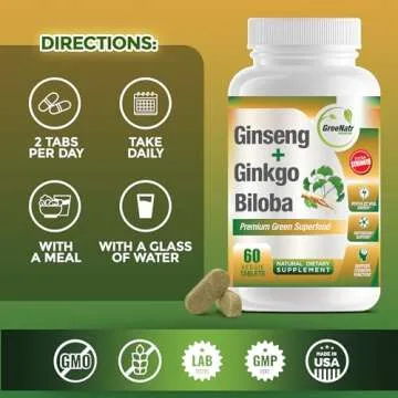 GreeNatr Ginko Biloba & Panax Ginseng Supplement - Red Ginseng Brain Supplement for Memory and Focus - Ginkgo Biloba Supplements for Good Vision, Immune System and Improved Blood Flow - 60 Tablets